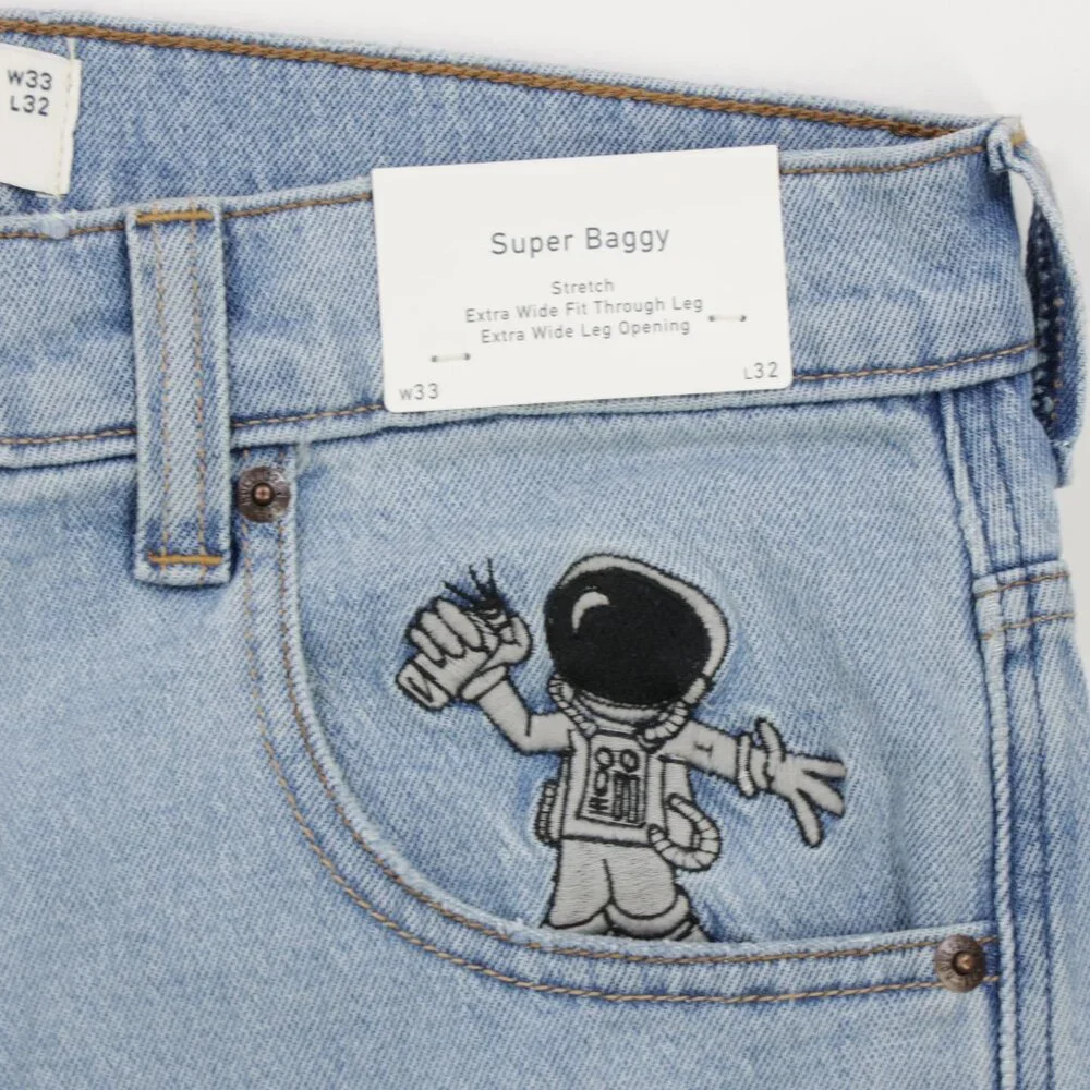 Hollister Men‎ Astronaut Embroidered Supper Baggy Denim Jeans Light Blue W33 L32